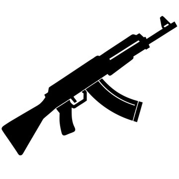 Black silhouette of an ak 47 assault rifle with a curved magazine on a white background