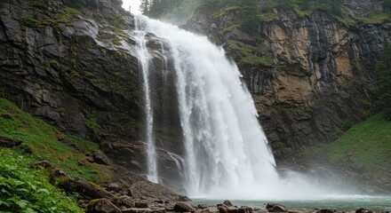 A powerful waterfall cascades down a rocky cliff face into a pool surrounded by lush greenery and rugged terrain