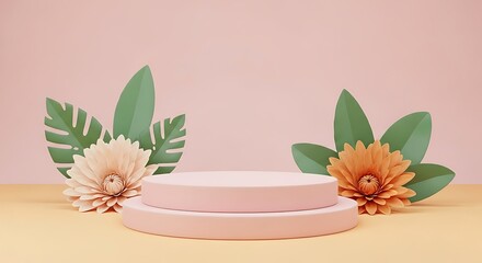 Elegant Pink Product Display Podium with Floral Decorations