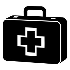 Black first aid kit icon with a white cross on a white background