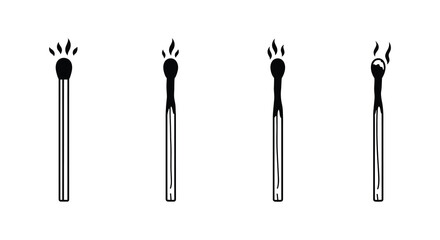 Four matches depicting stages of burning from new to fully lit