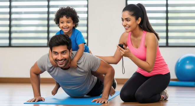 happy indian family enjoys a playful exercise session indoors, with the father doing pushups - Powered by Adobe