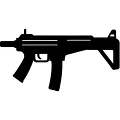 Black silhouette of a compact submachine gun with a folding stock on a white background