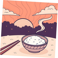 white rice with sunset background copy space for