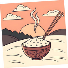 white rice with sunset background copy space for