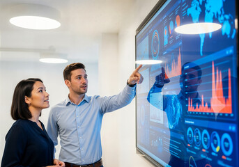 A man points at a large digital screen displaying complex data charts and world maps, while a woman looks on attentively