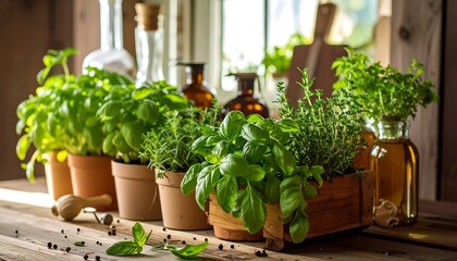 Fresh Herbs Terracotta Pots Wooden