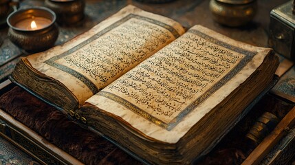 Open Quran, aged pages, ornate script, candlelit table