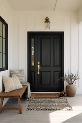 Elegant black front door with a welcoming porch setting