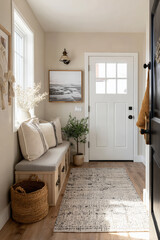 Cozy entryway with a bench, rug, and decorative elements.