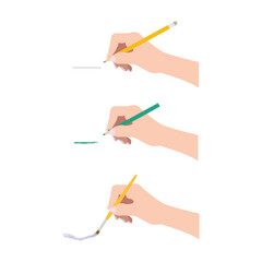 Three hands holding different writing and drawing instruments on a white background