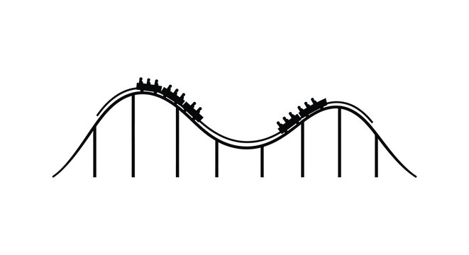 Simple black and white illustration of a winding rollercoaster track