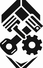 Obraz premium This is a bold, black and white graphic featuring stylized engine components. It shows two pistons with connecting rods, one overlapping a gear or sprocket, all contained within a sharp.