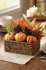 Autumn centerpiece with pumpkins, leaves, and pinecones in a woven basket.