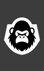 This is a striking black and white graphic featuring a stylized, angry gorilla head. The gorilla's face is rendered in solid black with thick outlines, centered against a bold.