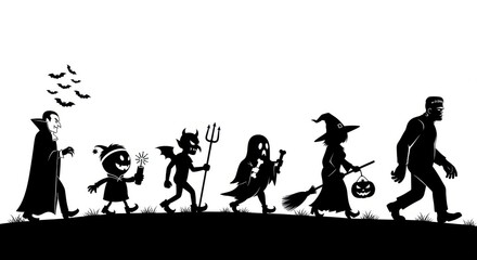 Halloween characters walking in silhouette against the sky