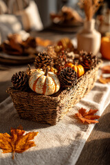 Autumn centerpiece with pumpkins, pinecones, and fall foliage.