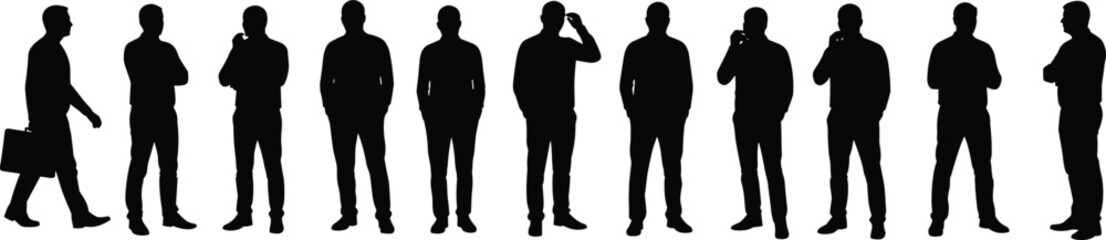 Businessmen standing, walking, thinking, and talking on phone, professional male silhouettes, office worker poses, corporate team concept, isolated black vector illustration.
