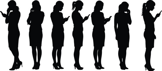 Business women silhouettes using smartphones, communication, texting, technology, mobile device, standing pose, female figure, corporate outfit, modern lifestyle, office fashion, connectivity.