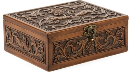 Ornate wooden box with intricate carvings of floral and stylized motifs, showcasing a rich, warm brown hue and a classic design.