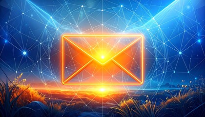 Digital email icon over a sunrise landscape