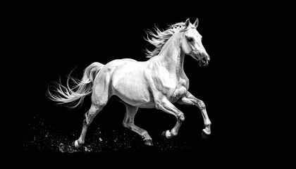 A White Horse Galloping in Darkness with Flowing Mane and Muscular Elegance