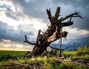 Fallen tree stump in a field under a dramatic sky