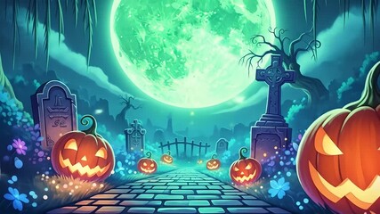 Halloween night graveyard with pumpkins, bright moon. Spooky scene for horror, holiday, and cartoon animations. Use in Halloween event promos and social media. 