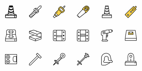 Illustration showing various construction and handyman tools and equipment in a simple outline style
