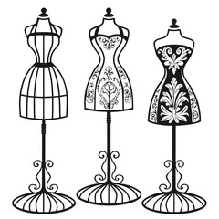 Vector art of three vintage dress forms with ornate bases and stands