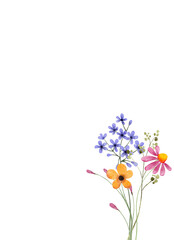 Watercolor flowers, floral frame border for greeting card, invitation and other printing design. Isolated on white. Hand drawing.