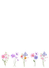 Watercolor flowers, floral frame border for greeting card, invitation and other printing design. Isolated on white. Hand drawing.