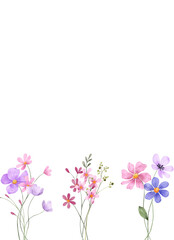 Watercolor flowers, floral frame border for greeting card, invitation and other printing design. Isolated on white. Hand drawing.