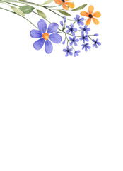 Watercolor flowers, floral frame border for greeting card, invitation and other printing design. Isolated on white. Hand drawing.