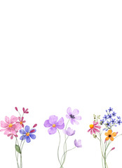 Watercolor flowers, floral frame border for greeting card, invitation and other printing design. Isolated on white. Hand drawing.