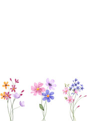 Watercolor flowers, floral frame border for greeting card, invitation and other printing design. Isolated on white. Hand drawing.