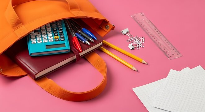 Back to School Essentials Orange Tote Bag with Calculator Notebook Pens and Ruler on Pink Background