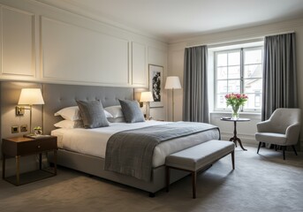 A modern, luxury hotel bedroom interior design concept for marketing design, sale promotion, or booking message overlay. Hospitality service living space for banner with empty space.