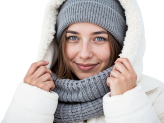 A young woman smiles while dressed warmly in a thick winter coat, gray scarf, and knitted beanie. Snow covers the background, reflecting the cold weather.