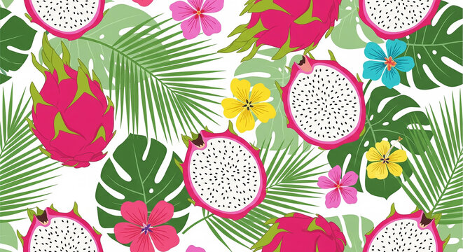 Vibrant Dragon Fruits with Tropical Floral Vector Print
