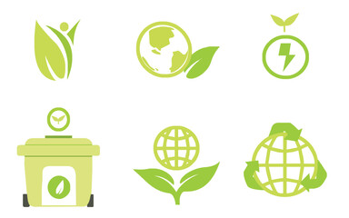 Set of green energy recycling globe icons in a white background 