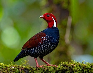 A close-up view of a vibrant forest bird perched on a mossy branch, showcasing its striking red crest and patterned plumage against a blurred background of lush greenery.