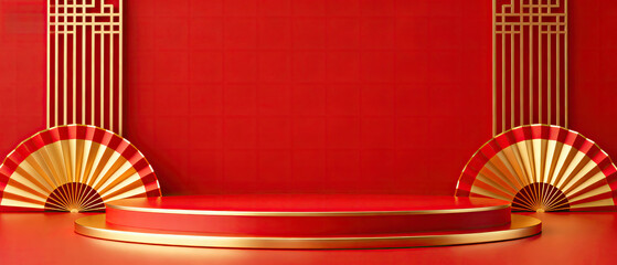 A red background features traditional Chinese elements like fans and patterns, with a circular podium for display or exhibition.
