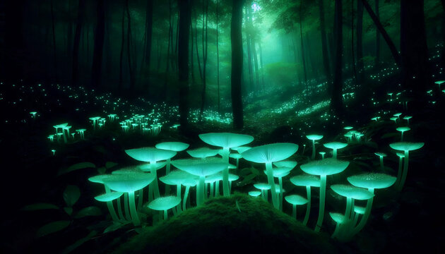 A bioluminescent mushroom magic, Ai generated image