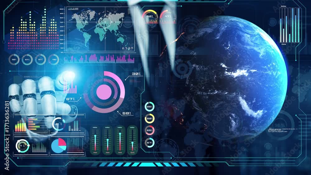 Poster ai-powered global network interface enabling real-time data interaction, virtual assistant support, 