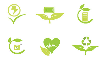 Set of green energy eco power icons depicting green energy and clean fuel in a white background