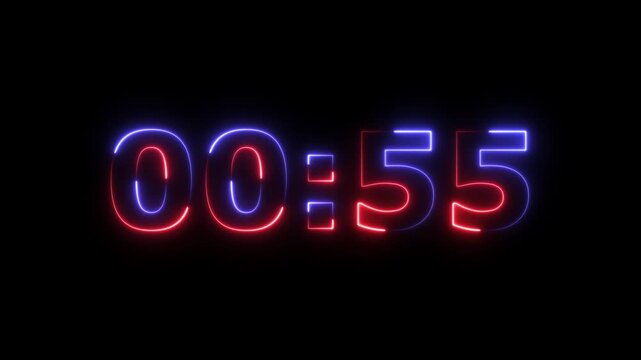 Neon one Minute Digital Timer. 1 Minute Digital Negative Countdown.Glowing neon 1 minute countdown animation from 60 to 0 seconds.60 second countdown timer, Countdown video with alpha channel.4k