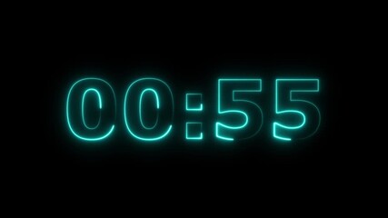 Neon one Minute Digital Timer. 1 Minute Digital Negative Countdown.Glowing neon 1 minute countdown animation from 60 to 0 seconds.60 second countdown timer, Countdown video with alpha channel.4k - Powered by Adobe