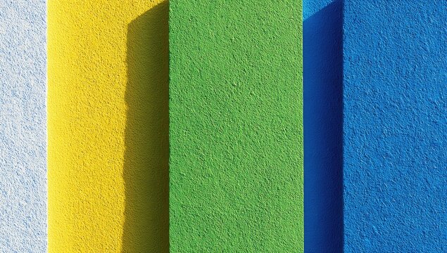 Three vertical colored panels, light and shadow