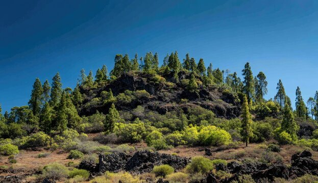 Volcanic hilltop covered in pine trees and scrub under a clear blue sky